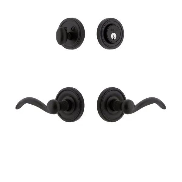 Unbranded Ageless Iron Loch Rosette Black Iron Door Handleset with Tine Lever and Deadbolt