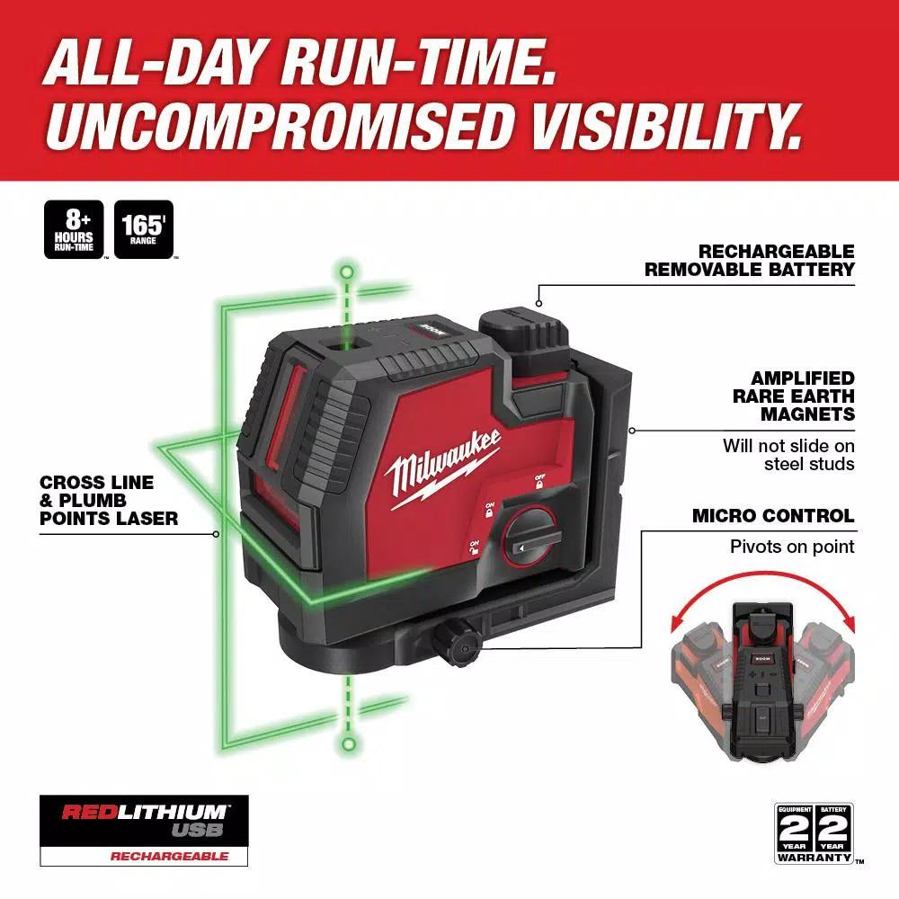 Milwaukee Green Cross Line and Plumb Points Rechargeable Laser Level, 100 ft. Range