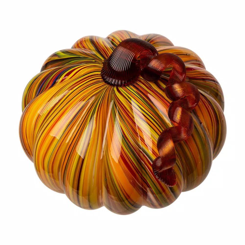 Glitzhome Multi-Striped Glass Short Pumpkin Set - 100% Handmade Glass Tabletop Decoration