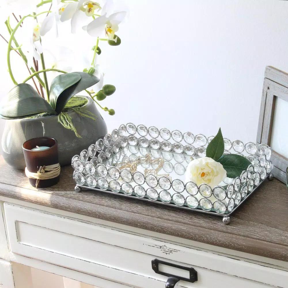 Elegant Designs 10.5 in. Chrome Ellipse Crystal Decorative Mirrored Jewelry and Makeup Vanity Organizer Tray