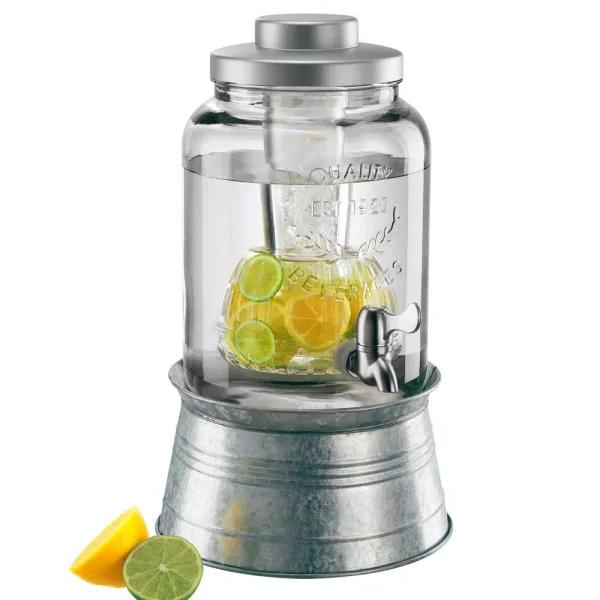 Artland Masonware 2 Gal. Glass Beverage Dispenser with Galvanized Stand, Chiller, and Infuser
