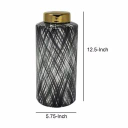 Benjara Large Black and White Ceramic Ginger Jar with Criss Cross Pattern and Gold Lid thumbnail 5