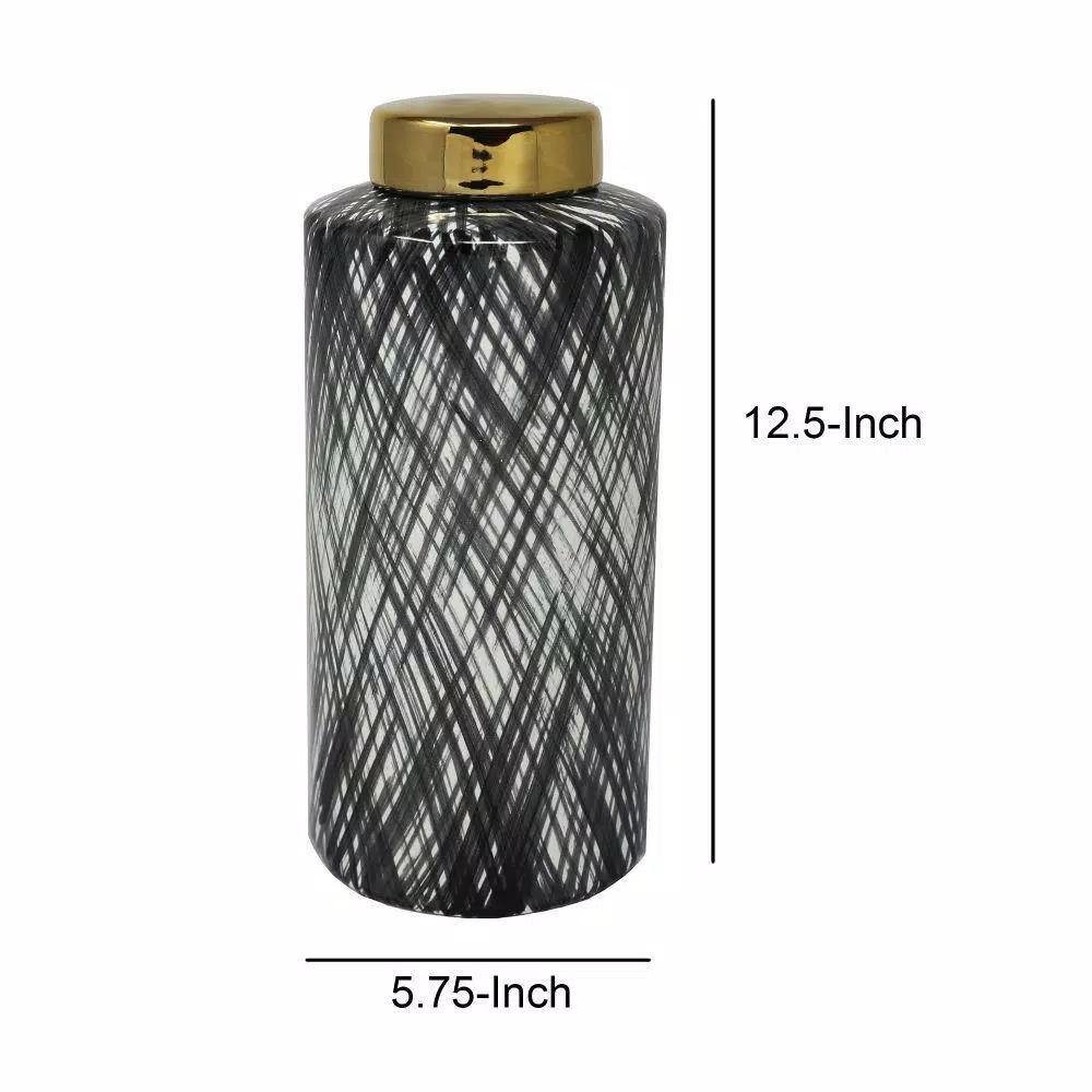 Benjara Large Black and White Ceramic Ginger Jar with Criss Cross Pattern and Gold Lid