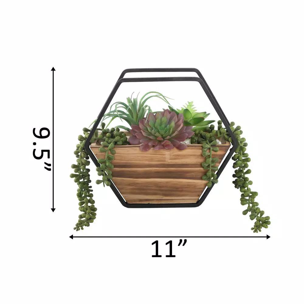 Flora Bunda 11 in. Hexagon Wood and Metal Faux Succulent Wall Planter Hanging Garden
