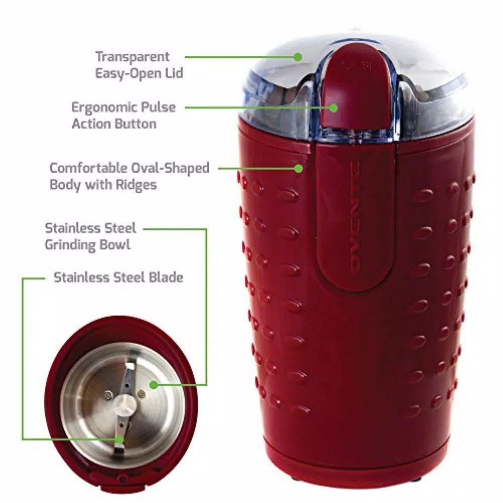 Ovente 2.5 oz. Electric Coffee Grinder, 150W Stainless Steel Blades, Maroon