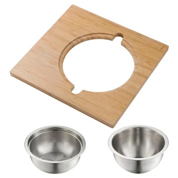 KRAUS 16.75 in. Workstation Sink Accessory Set with Bamboo Board, Stainless Steel Mixing Bowl and Colander