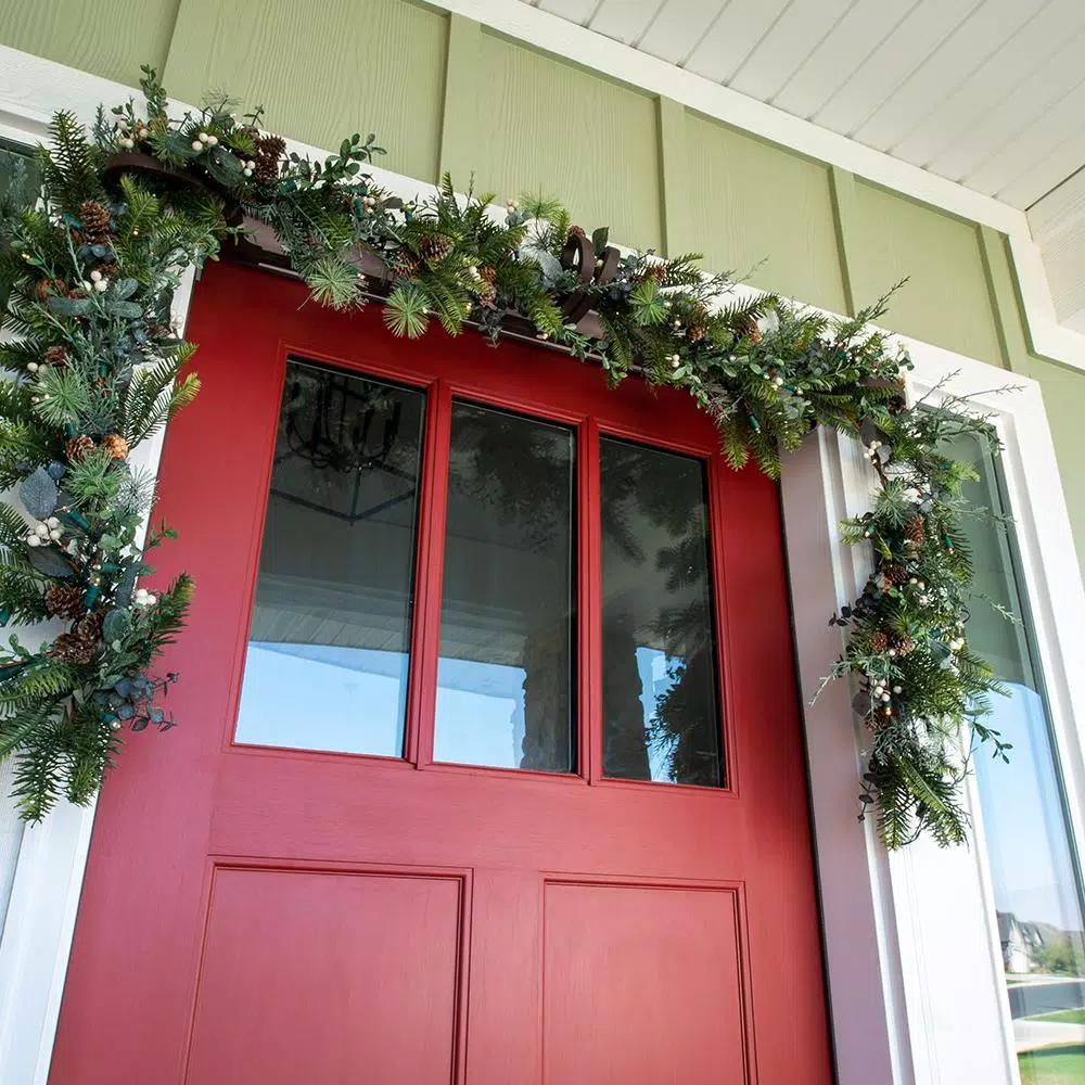 Village Lighting Company 9 ft. Pre-Lit LED Rustic White Berry Garland with Pinecones and Greenery
