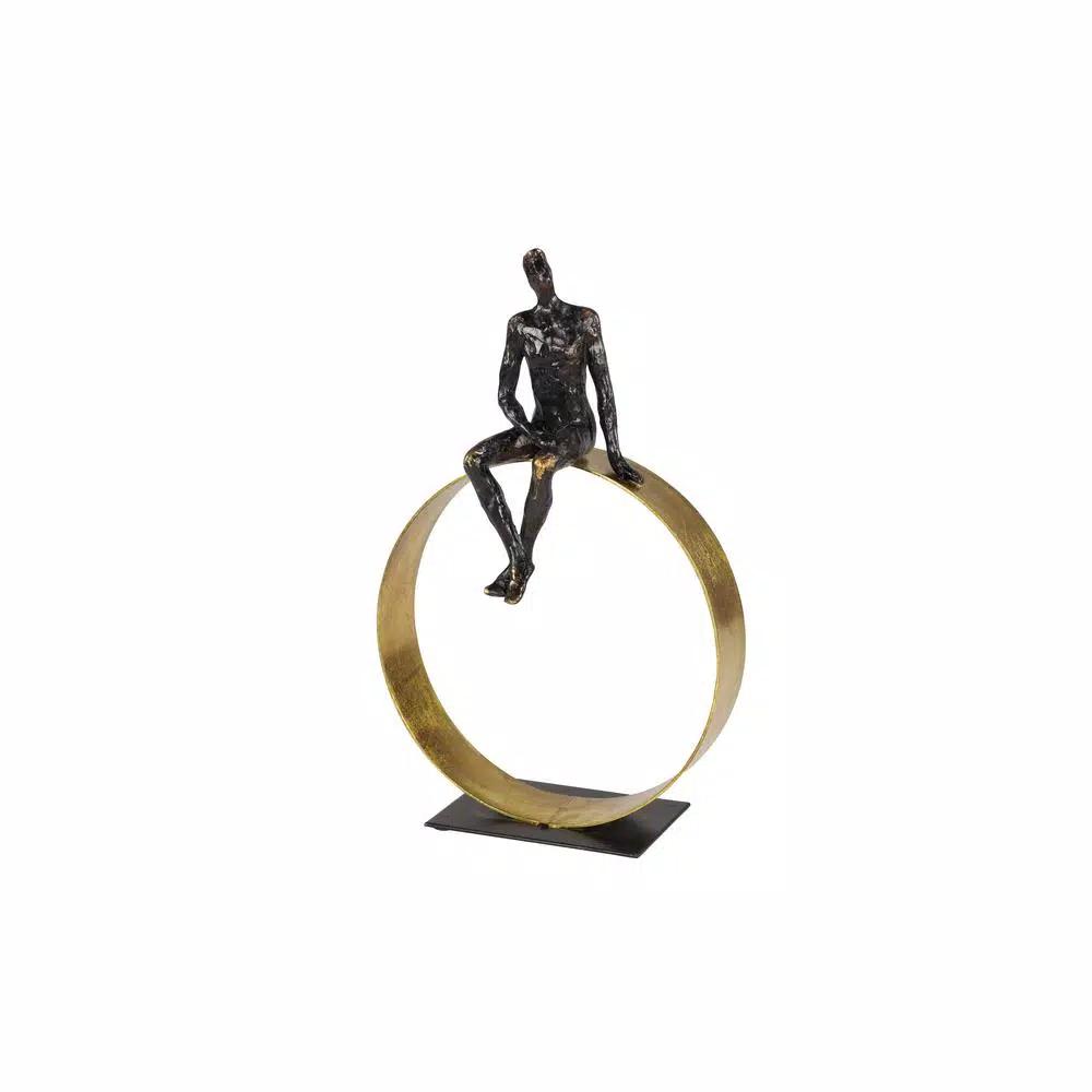 LITTON LANE Modern Textured Black Resin Man Figurine with Metallic Gold Circle Statue