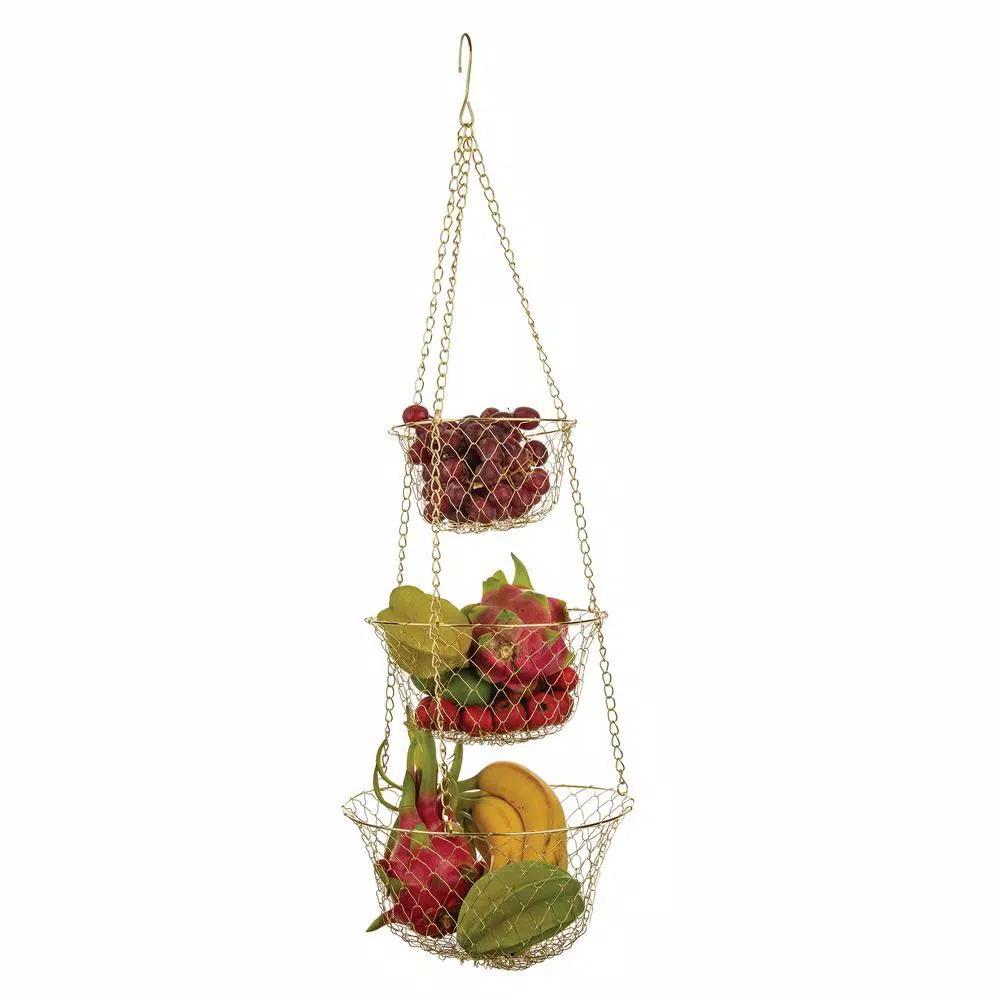Fox Run Gold 3-Tier Hanging Fruit Basket - Iron Metal Wire Tiered Kitchen Organizer
