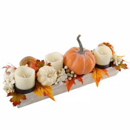 Flora Bunda 23 in. Fall Harvest Wood Ledge Pumpkin Arrangement Centerpiece Candle Holder with Berries and Leaves thumbnail 1