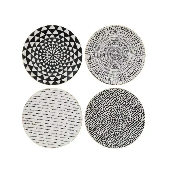 3R Studios Black and White Geometric Stoneware Salad Plates, Set of 4 with Gold Rim