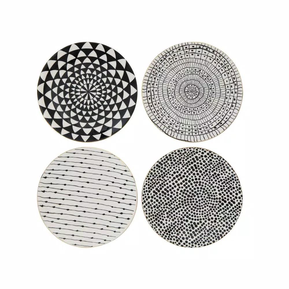 3R Studios Black and White Geometric Stoneware Salad Plates, Set of 4 with Gold Rim