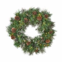 Noble House 24 in. Pre-Lit LED Artificial Christmas Wreath with Snowy Branches and Pinecones, Warm White thumbnail 1