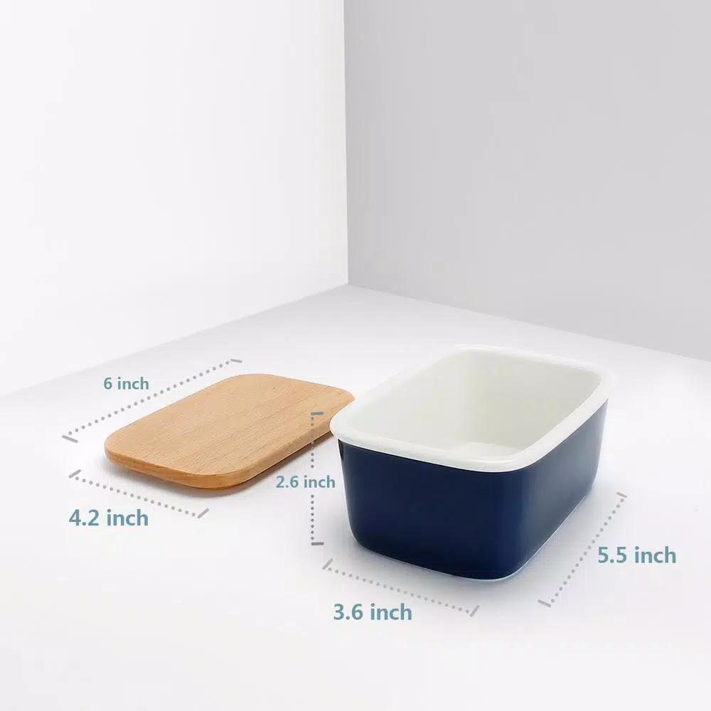 Sweese Large Porcelain Butter Dish with Beech Wood Lid - Navy Blue