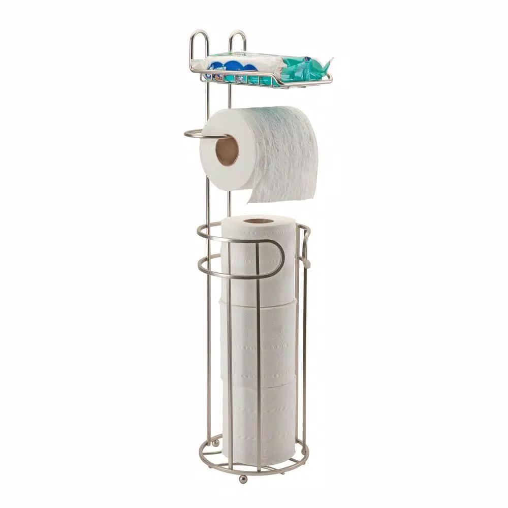 Bath Bliss Contemporary Freestanding Toilet Paper Holder with Built-in Phone Shelf and 4-Roll Storage, Satin