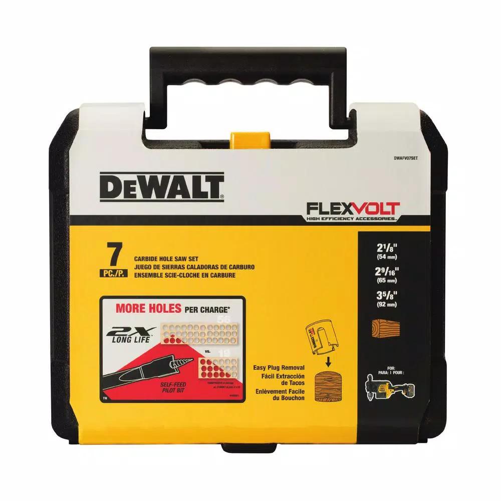 DEWALT FLEXVOLT Carbide Wood Hole Saw Set, 7-Piece with Mandrel and Pilot Bits