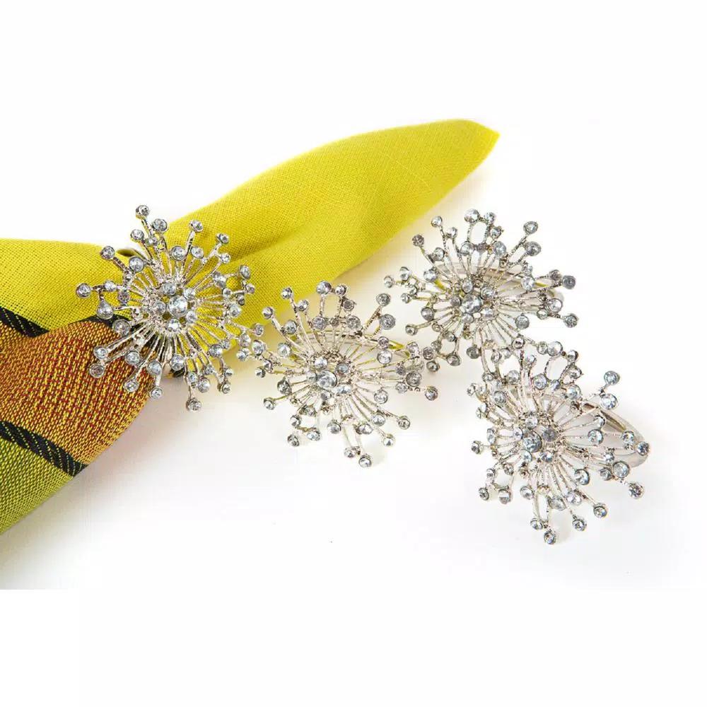 Manor Luxe Xia Home Fashions Silver Jeweled Snowflake Metal Napkin Rings, Set of 4