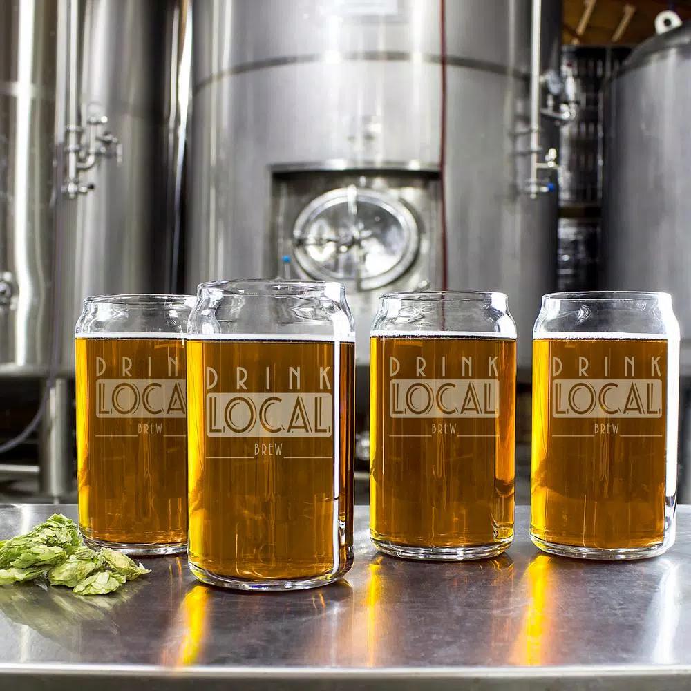 Cathy's Concepts Drink Local 16 oz. Craft Beer Can Glasses - Set of 4 Hand-Blown Glassware