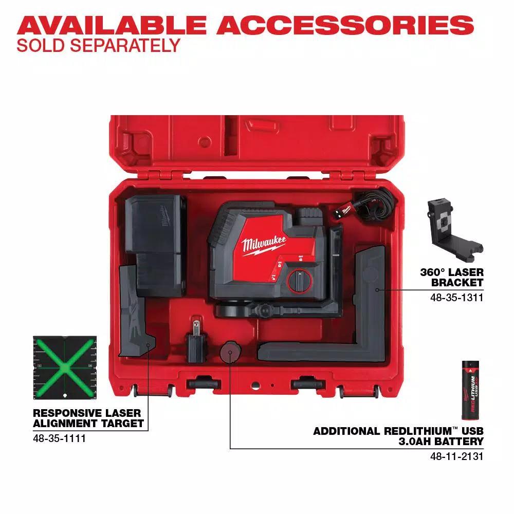 Milwaukee Green Cross Line and Plumb Points Rechargeable Laser Level, 100 ft. Range