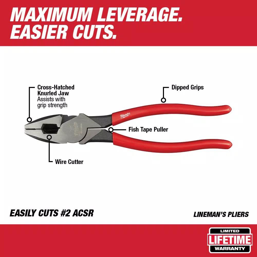 Milwaukee 9 in. High-Leverage Lineman Pliers with Iron Carbide Cutting Edges