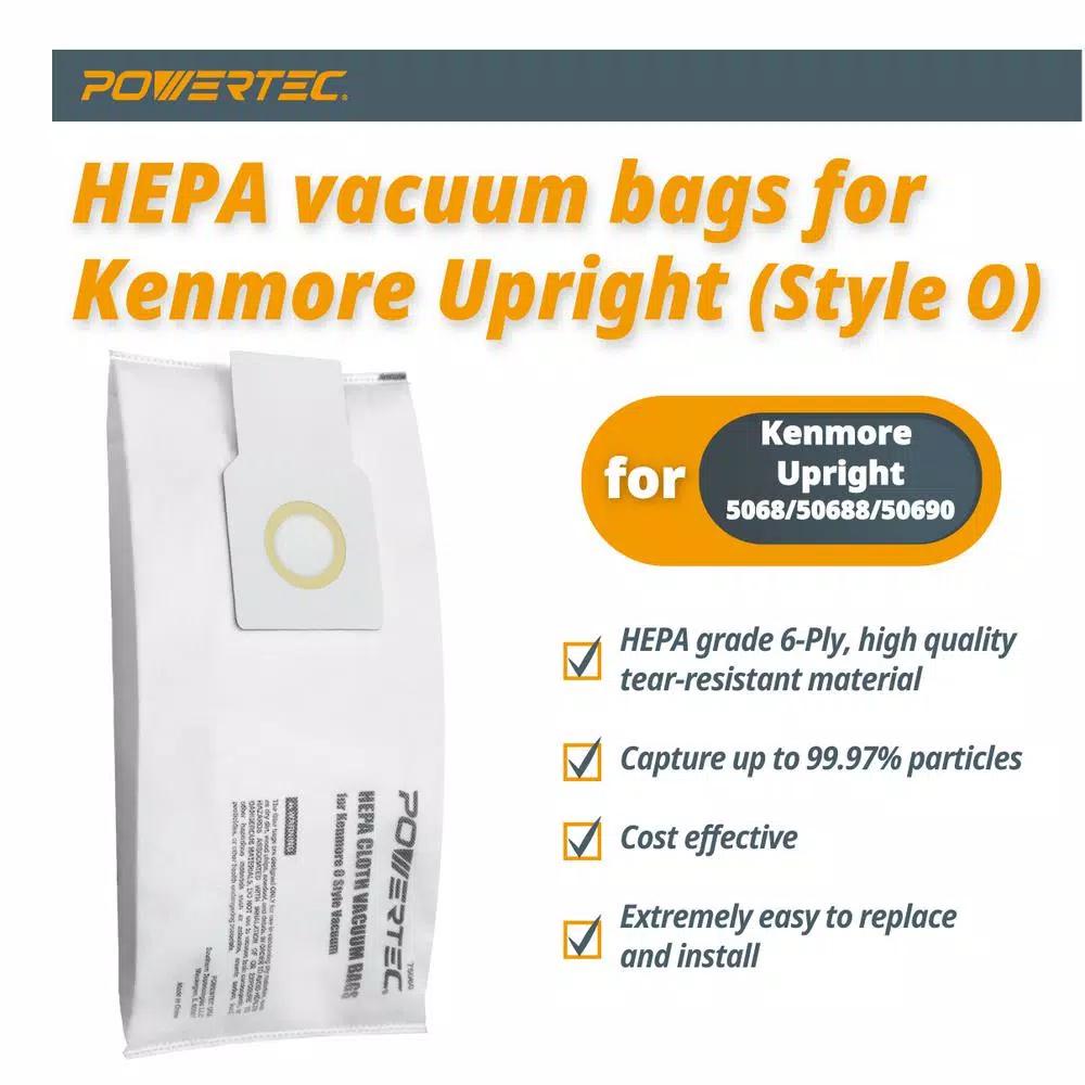 POWERTEC HEPA Replacement Vacuum Bags for Kenmore O-Style Upright Vacuums, 6-Ply Cloth (3-Pack)
