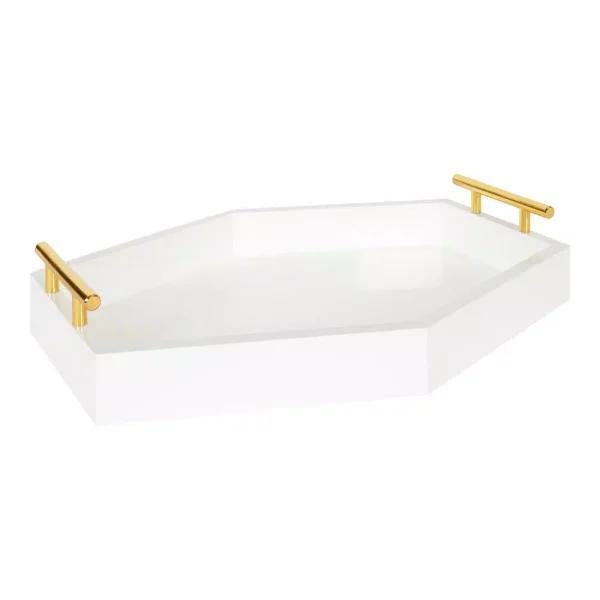 Kate and Laurel Lipton White Glossy Decorative Hexagon Tray with Gold Metal Handles