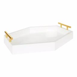 Kate and Laurel Lipton White Glossy Decorative Hexagon Tray with Gold Metal Handles thumbnail 1