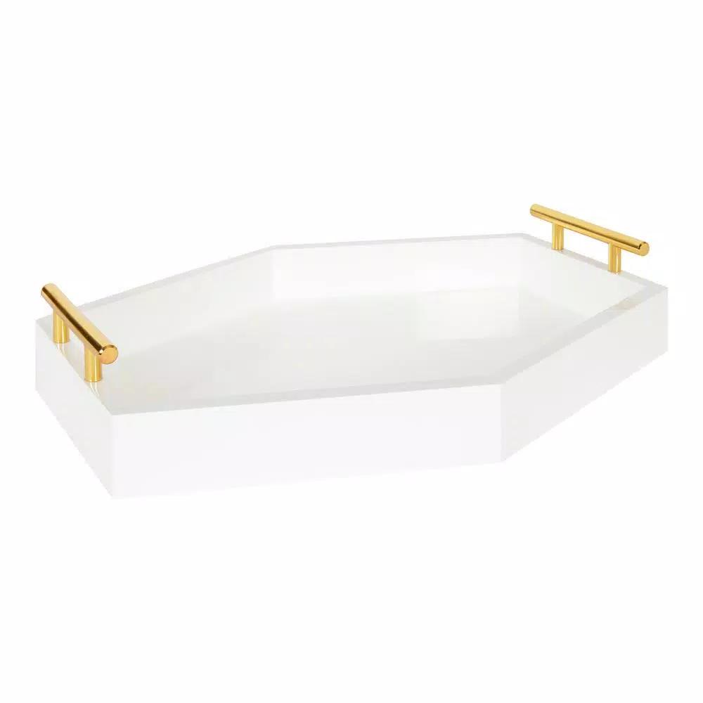 Kate and Laurel Lipton White Glossy Decorative Hexagon Tray with Gold Metal Handles