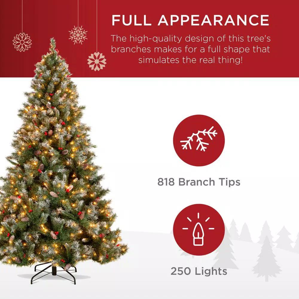 Best Choice Products 6 ft. Pre-Lit Flocked Artificial Christmas Tree with 250 Warm White Lights, Berries & Pinecones