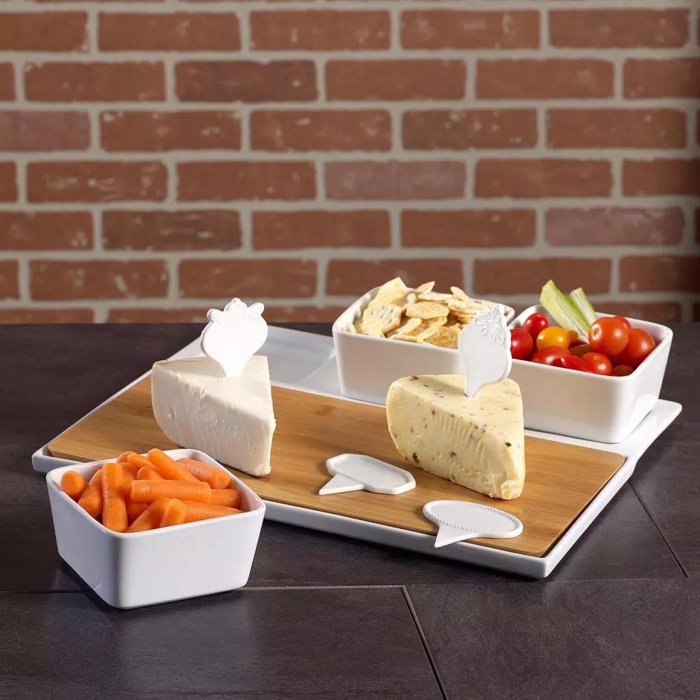 Over and Back Dover 9-Piece White Porcelain and Bamboo Cheese Serving Set