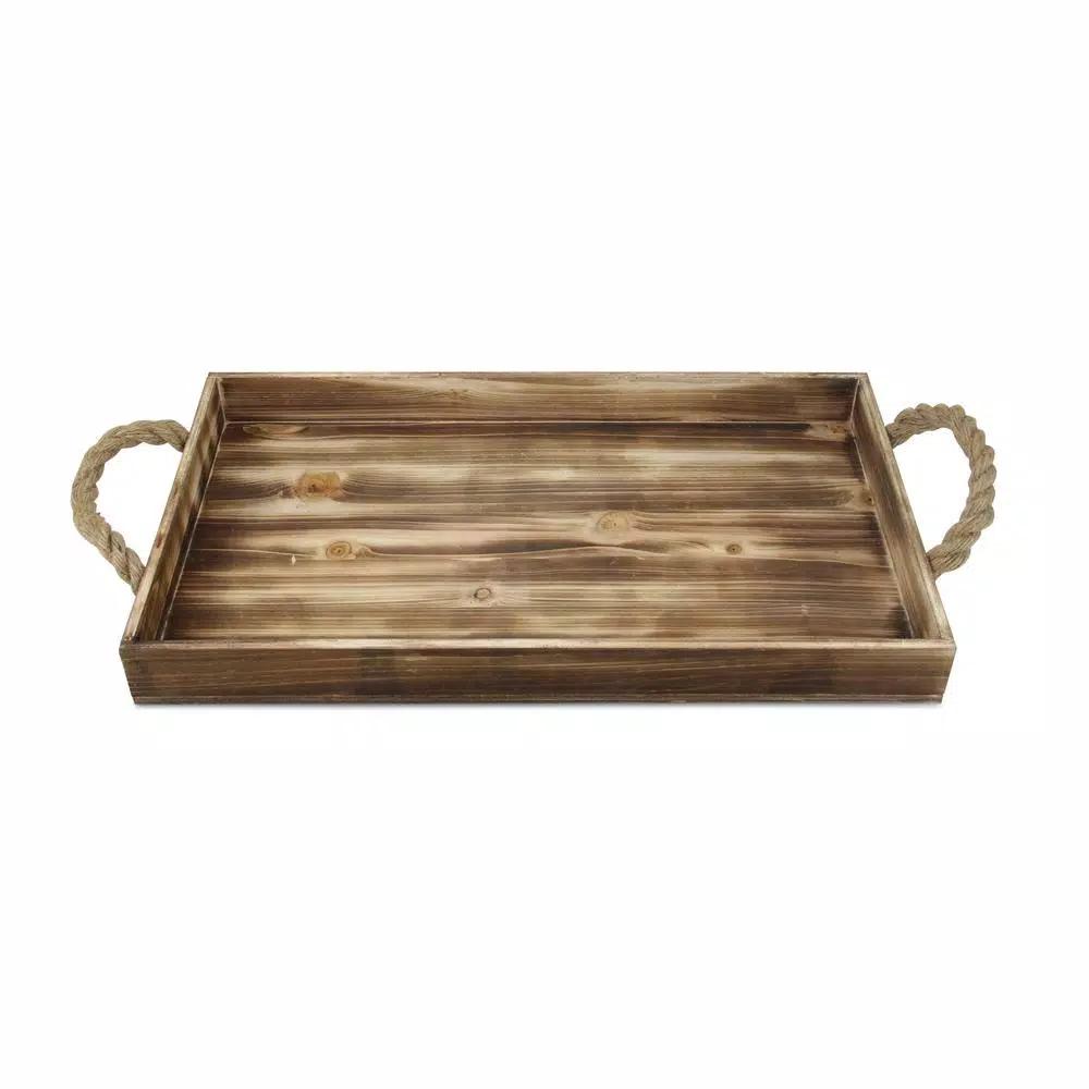 Cheungs Natural Wood Rectangular Decorative Tray with Rope Side Handles - Farmhouse Style