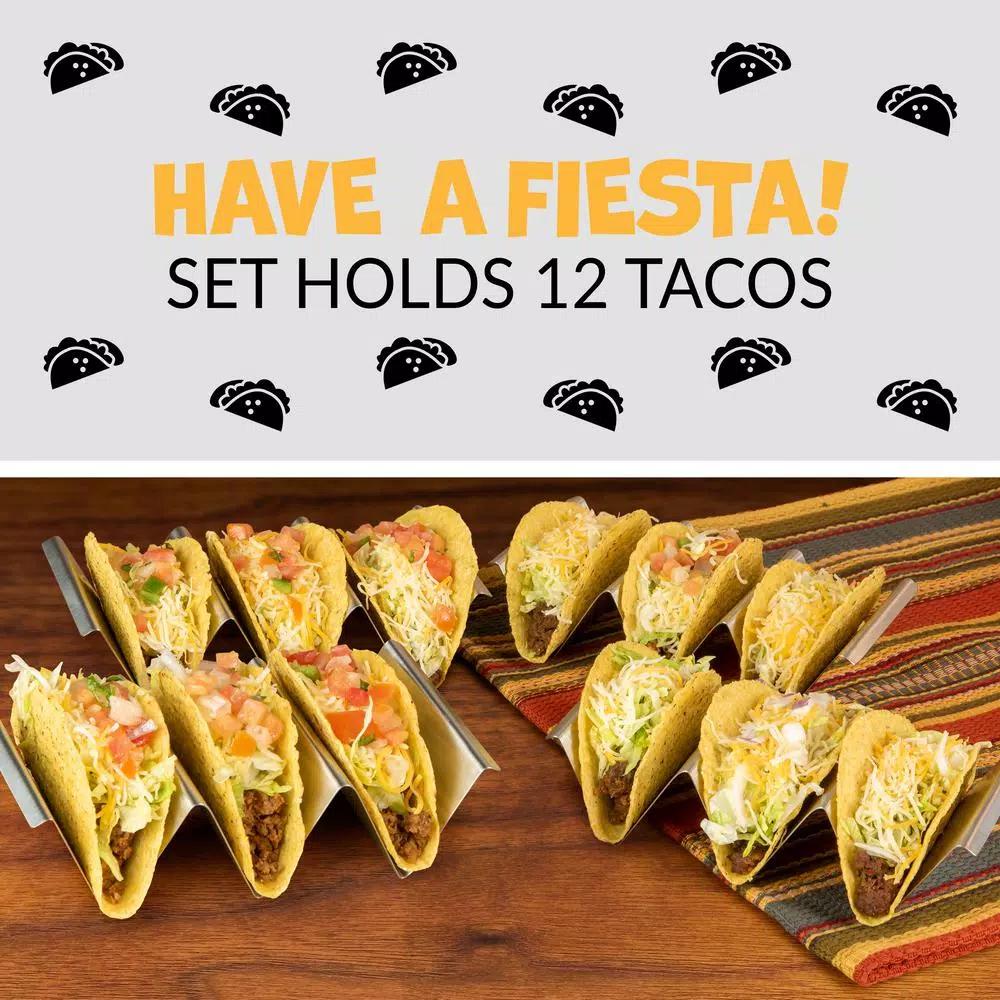 TACO TUESDAY Stainless Steel Rectangular Taco Holder Trays, 8.25 in. (Set of 4)
