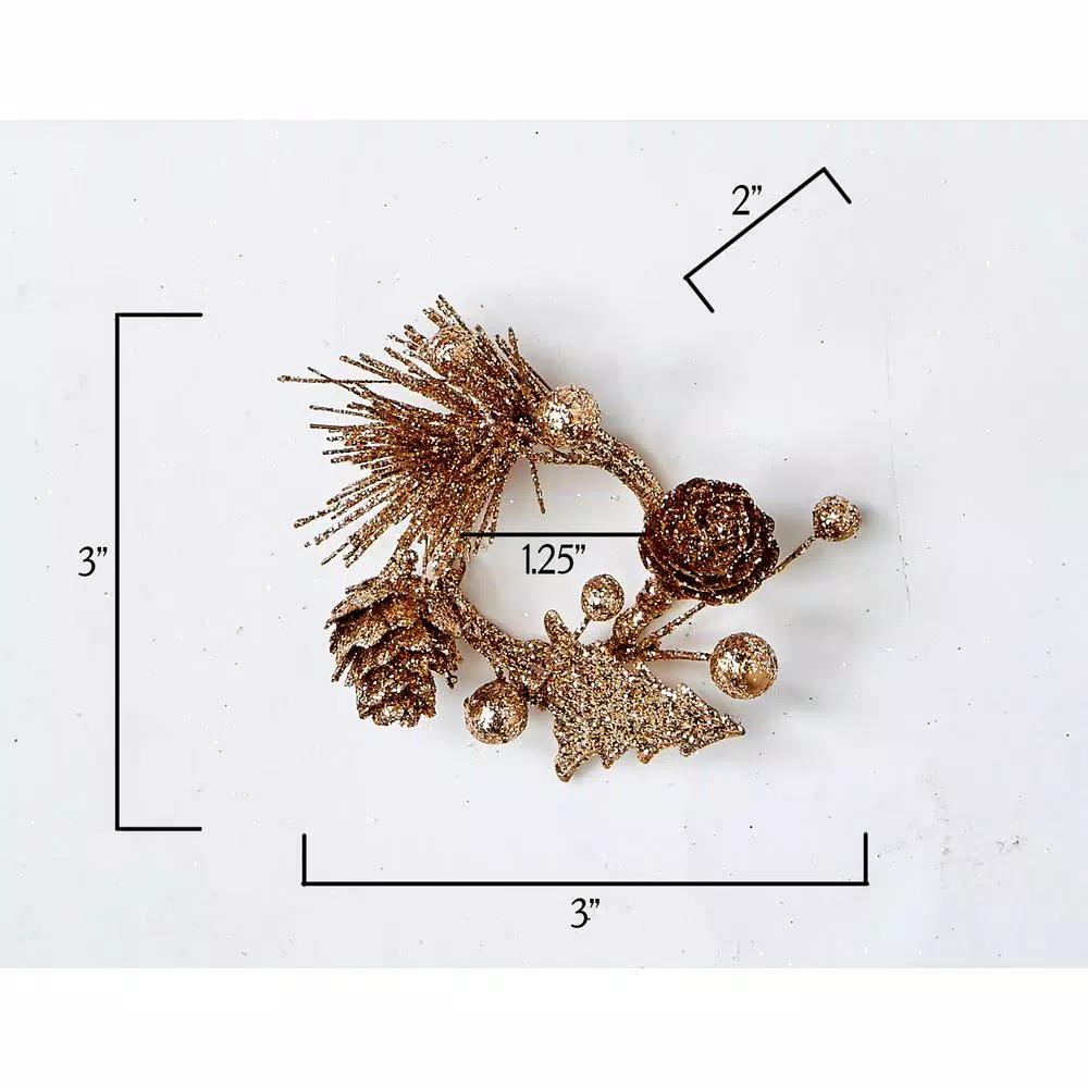 WORTH IMPORTS 1.25" Glitter Champagne Christmas Candle Rings with Pinecone and Tree Accents (Set of 12)