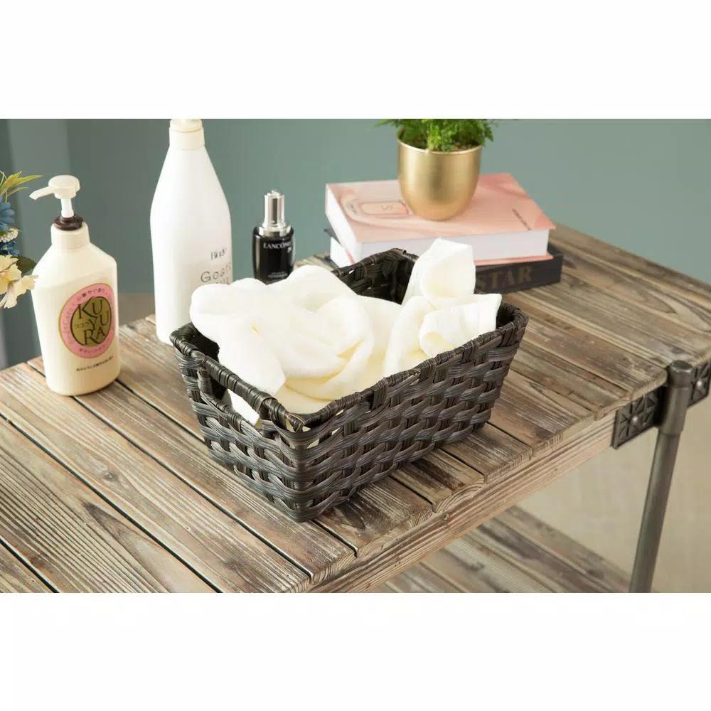 Vintiquewise Black Plastic Wicker Shelf Basket Organizer with Handles