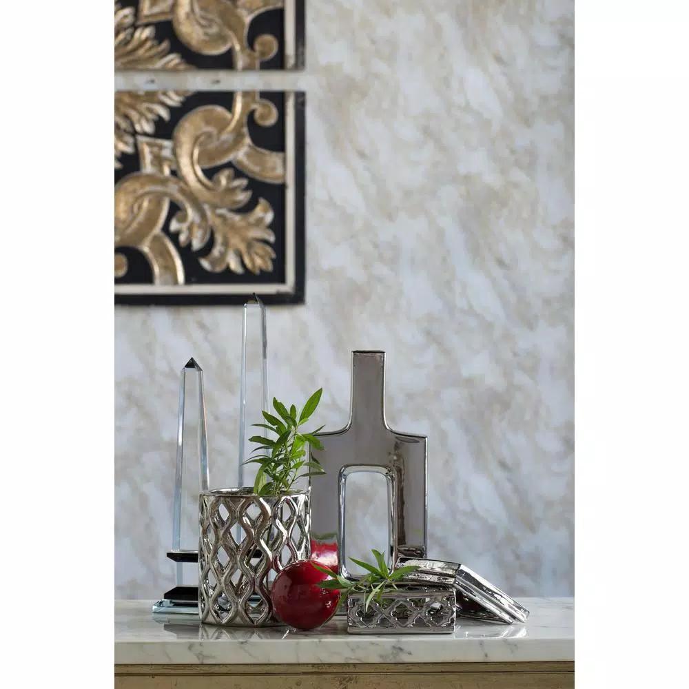 A & B Home Ceramic Keyhole Silver Vase - Modern Square Table Vase with Matte Metallic Finish
