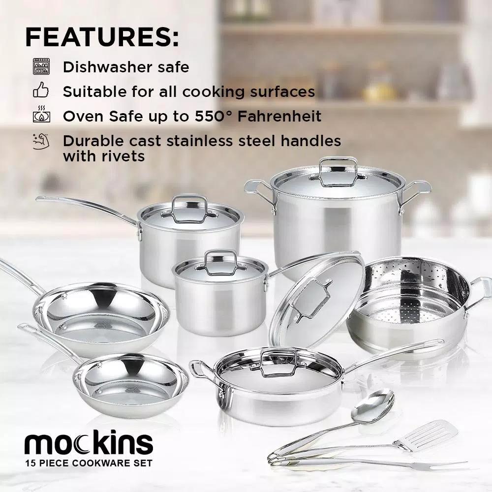 Mockins 15-Piece Tri-Ply Stainless Steel Cookware Set with Lids