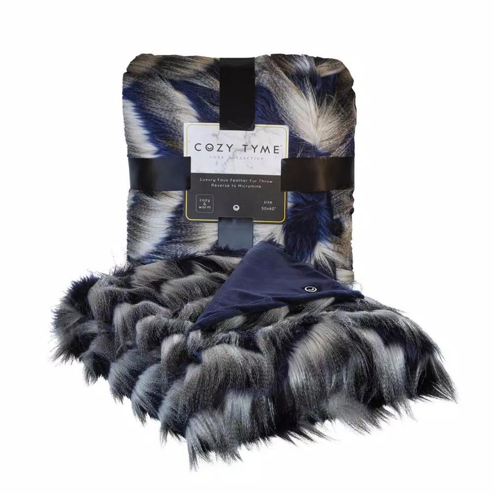 Unbranded Caron Navy Reversible Faux Fur and Micromink Throw Blanket, 50 in. x 60 in.