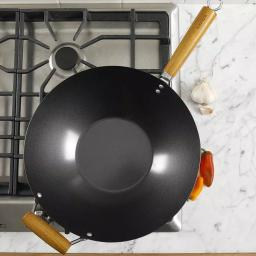 KENMORE 14 in. Carbon Steel Non-Stick Flat Bottom Wok with Wooden Handles thumbnail 4
