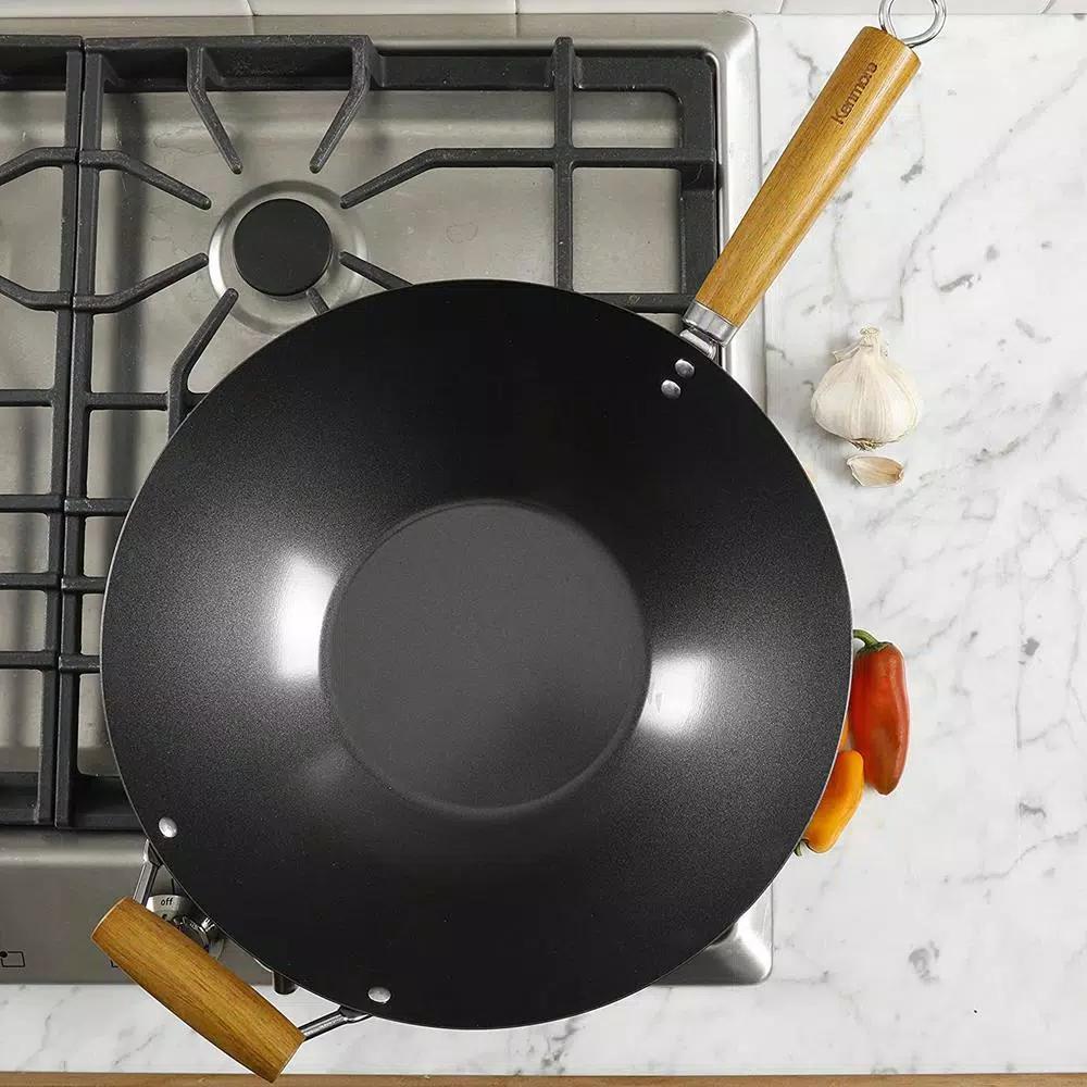 KENMORE 14 in. Carbon Steel Non-Stick Flat Bottom Wok with Wooden Handles