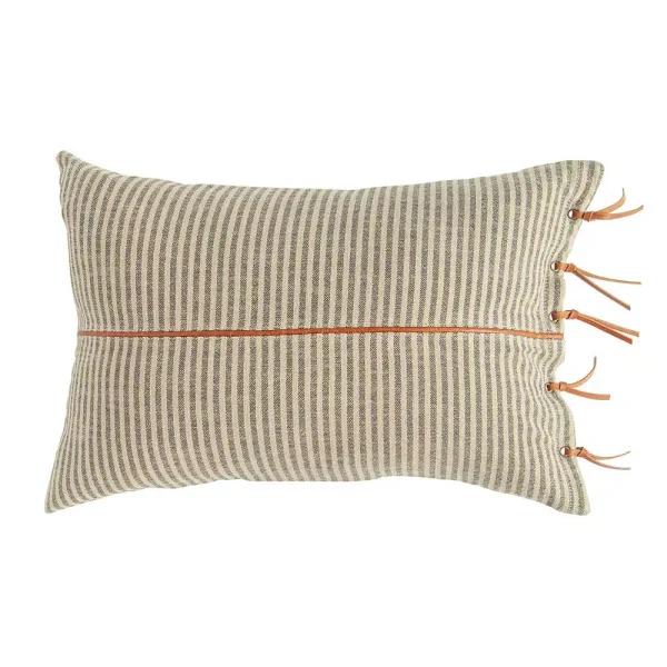 3R Studios Black & Beige Striped Cotton Ticking Lumbar Throw Pillow with Leather Trim, 24 x 16 in.