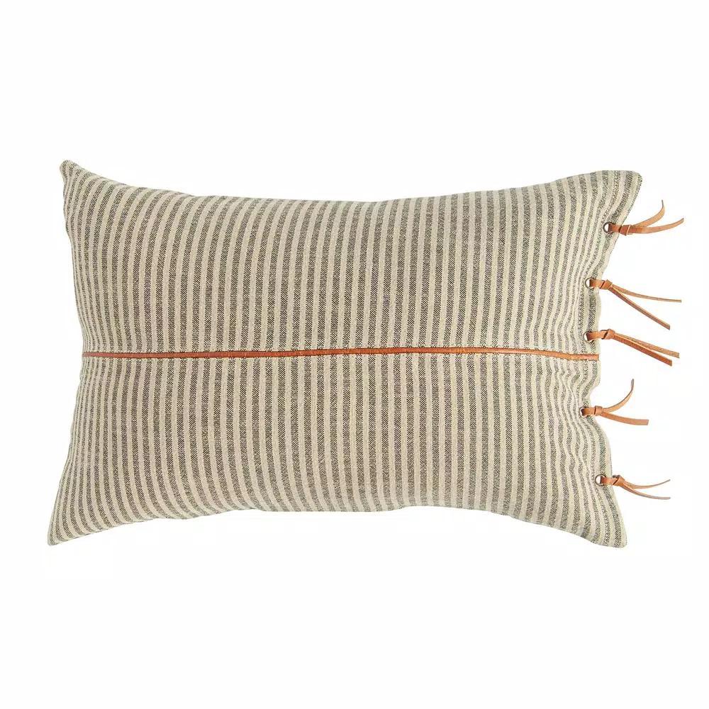 3R Studios Black & Beige Striped Cotton Ticking Lumbar Throw Pillow with Leather Trim, 24 x 16 in.