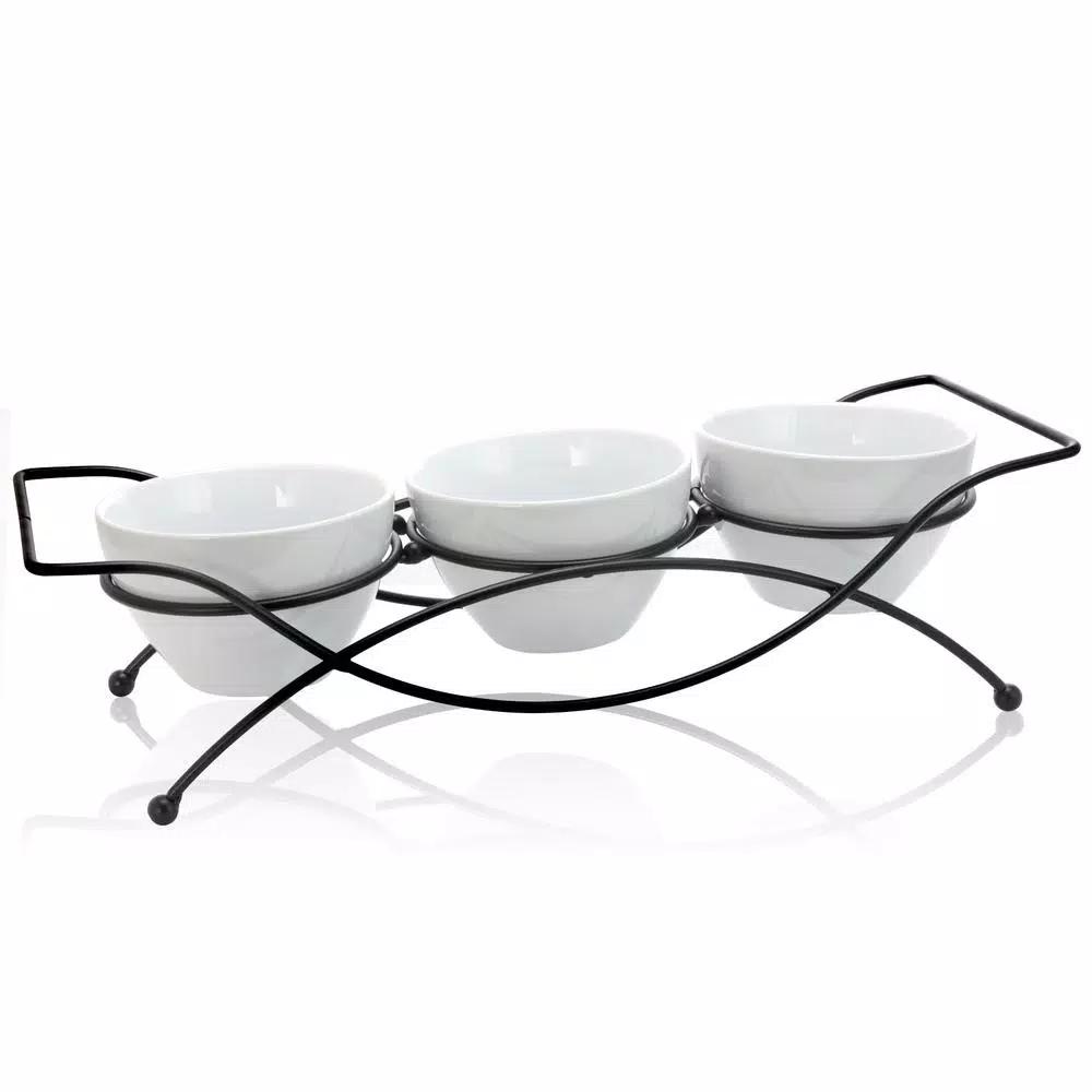 GIBSON elite Splendid Grace White Ceramic Divided Serving Set with Metal Rack (5-Piece)