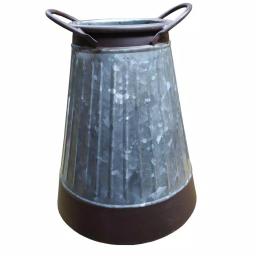 Benjara Gray and Brown Galvanized Metal Corrugated Decorative Flower Vase with Curved Side Handles thumbnail 5
