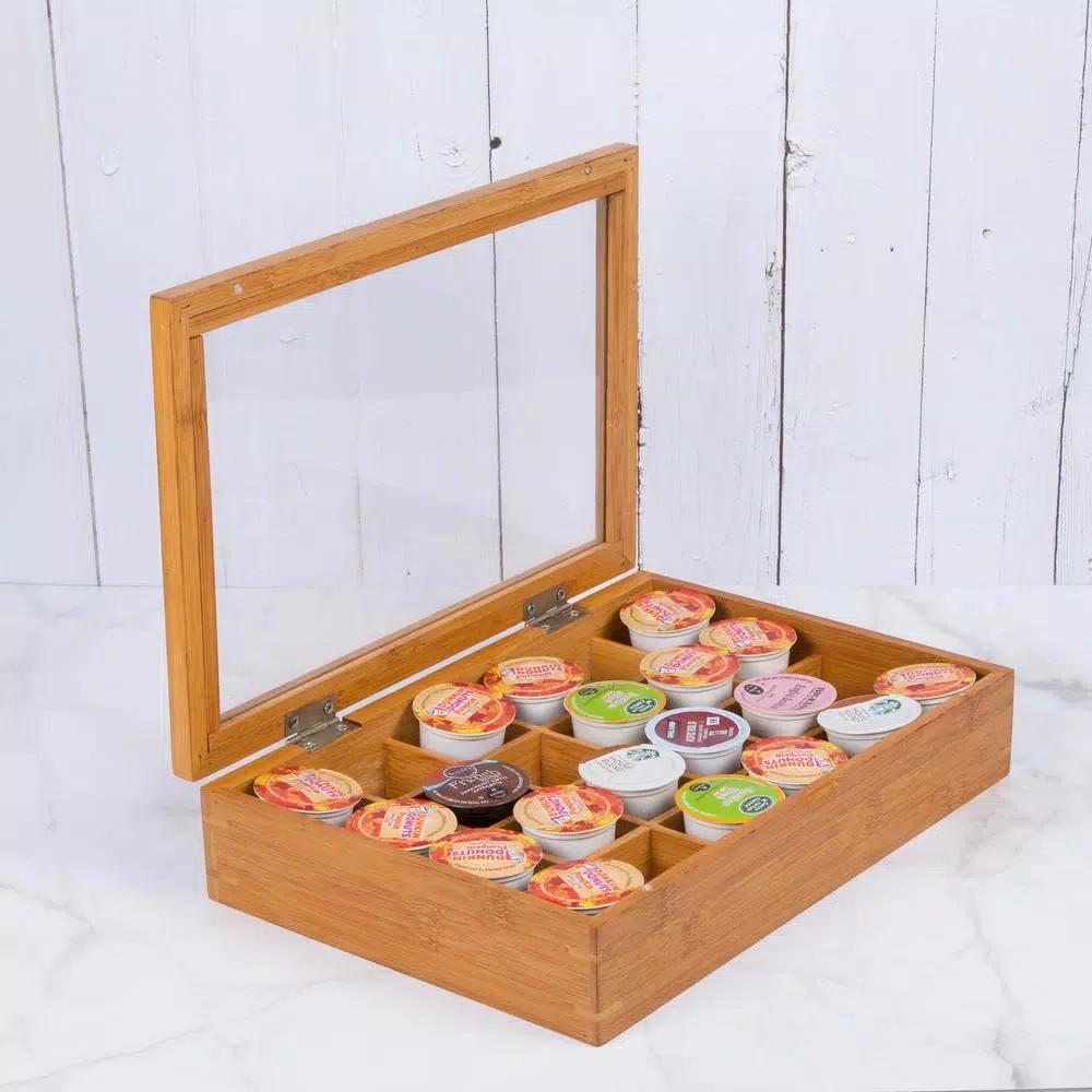 Creative Home Natural Bamboo Single Serve Coffee Pod Holder with Acrylic Cover, Holds 24 Pods