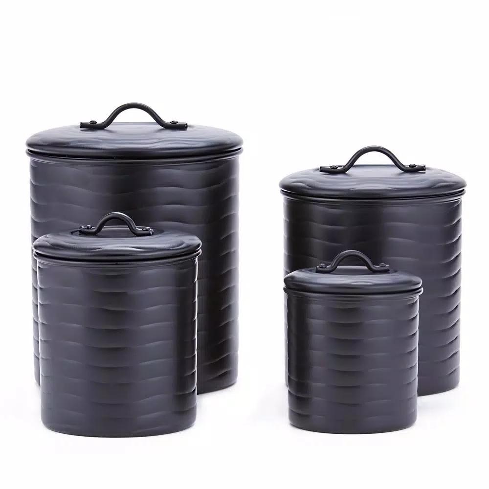 Old Dutch 4-Piece Matte Black Stainless Steel Wave Design Canister Set with Fresh Seal Covers