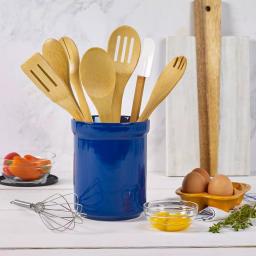 Basic Essentials 8-Piece Dark Blue Ceramic Kitchen Utensil Set with Bamboo Tools and Storage Crock thumbnail 5