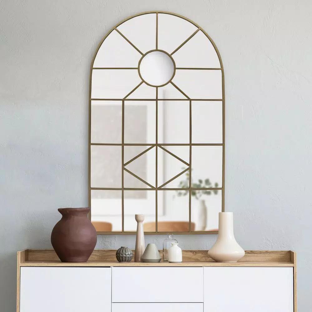 Home Decorators Collection Arched Gold Windowpane Accent Mirror, 24 x 39.3 in.