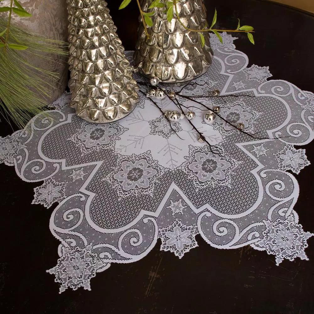 Heritage Lace Snowflake 47 in. White Floral Polyester Round Table Topper