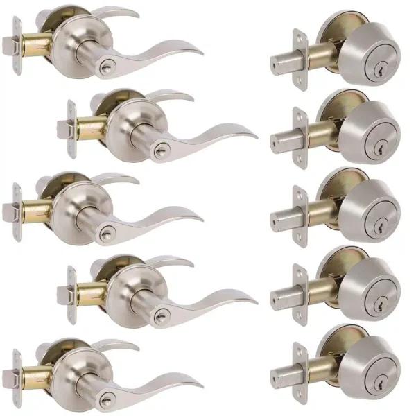 Delaney Hardware Callan Bennett Satin Nickel Entry Door Lever and Single Cylinder Deadbolt Combo Pack, 10-Piece Keyed Alike Set
