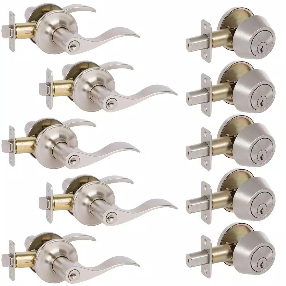Delaney Hardware Callan Bennett Satin Nickel Entry Door Lever and Single Cylinder Deadbolt Combo Pack, 10-Piece Keyed Alike Set